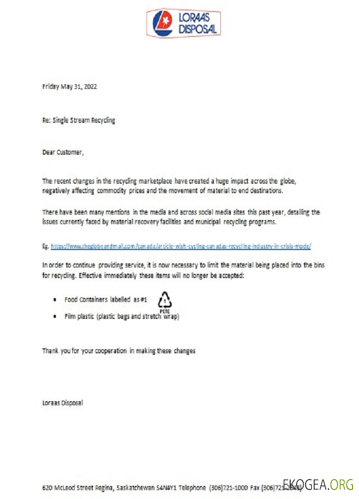 Canada Saskatchewan Loraas Disposal recycling utility shut off notice